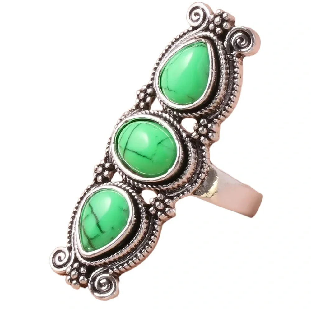 Long Style Silver and Triple Green Resin Stone Ring